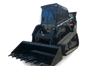 Black compact track loader with bucket attachment.