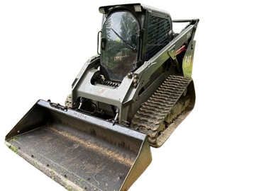 Compact track loader with bucket attachment.