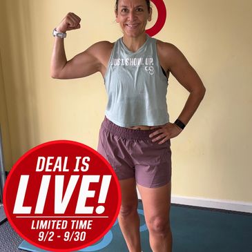Woman flexing arm muscles, promoting limited-time deal.