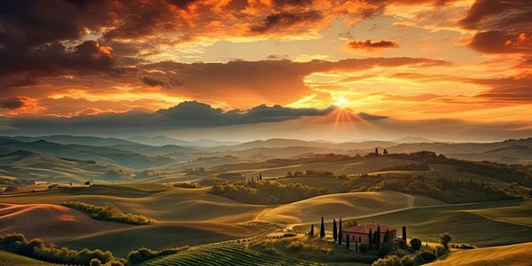 A stunning sunset over rolling hills and countryside.