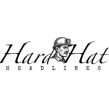 Hard Hat Headlines logo with Miner Man in black and white.