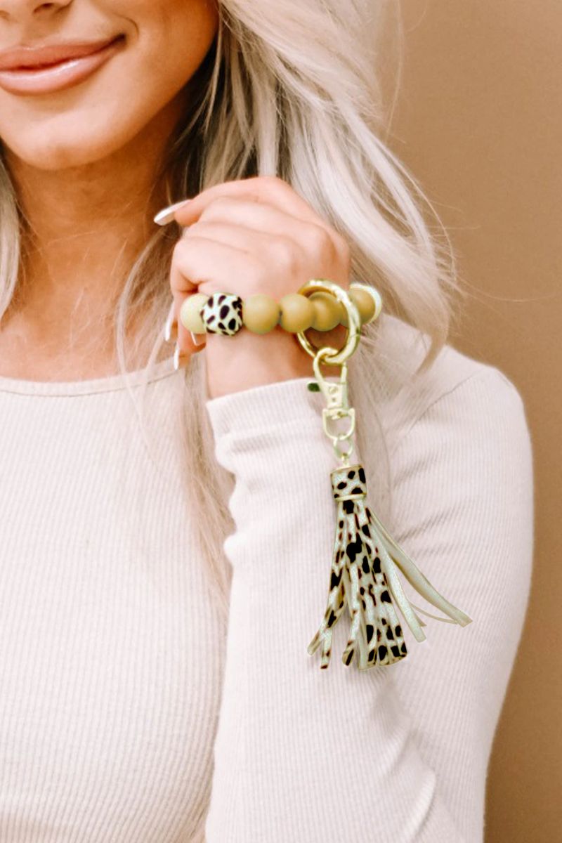 Silicone Leopard bead keychain bracelets with 2 light wood disc and  tassel, engraving blanks RTS