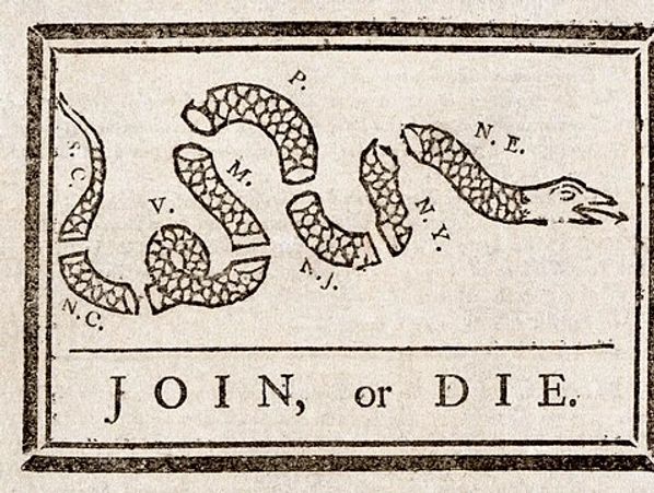 An old segmented snake cartoon representing colonies with 'JOIN, or DIE.'