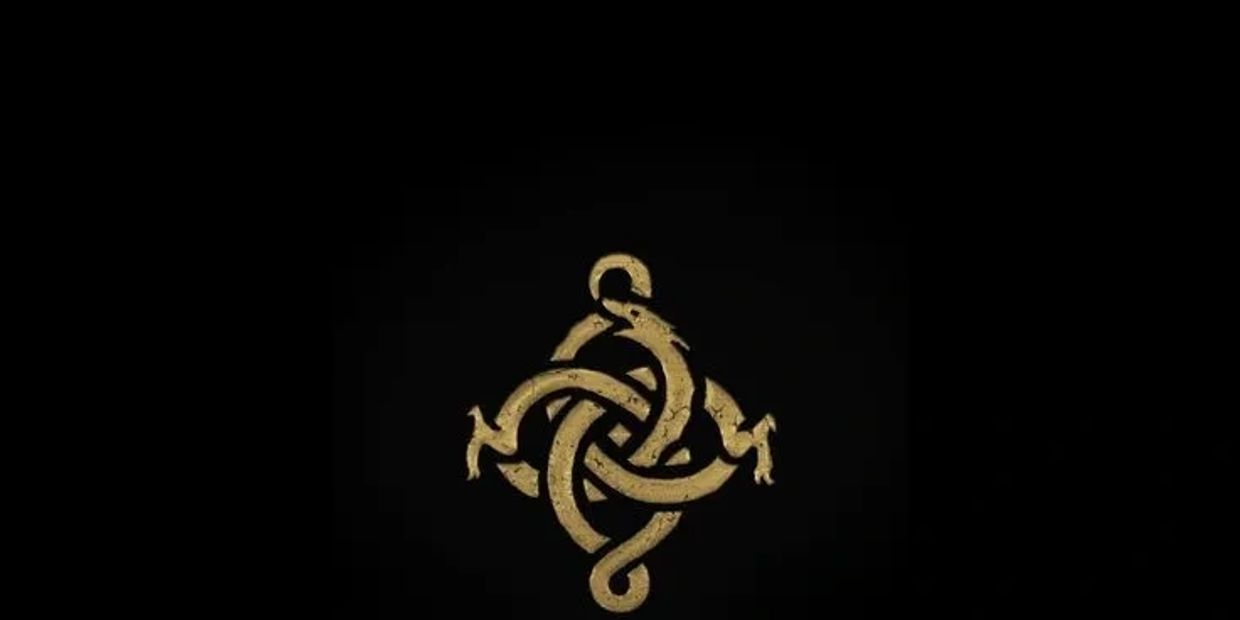 Intertwined golden serpent emblem on black background.