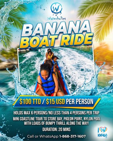 Exciting banana boat ride with up to 6 people, $15 USD per person, 20-minute thrilling tour.