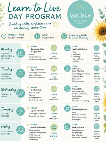 Learn to Live Day Program schedule with activities and times.