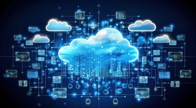 Digital cloud computing network with data connections and servers.