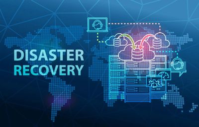 Digital illustration of disaster recovery with cloud and server icons.