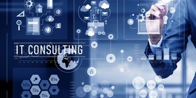 A professional interacting with futuristic IT consulting data visuals.