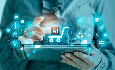 Person interacting with AI-powered digital shopping interface on a tablet.