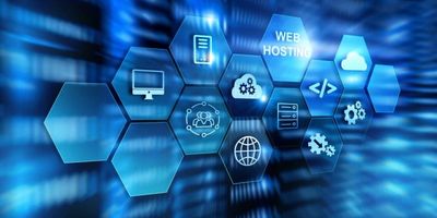 Digital hexagonal icons representing web hosting and cloud technology.