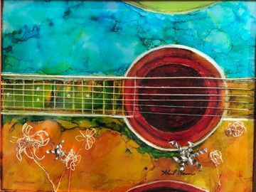 “Flowers In Tune”. Alcohol Ink on Metal, Recycled guitar strings  for flowers and strings.