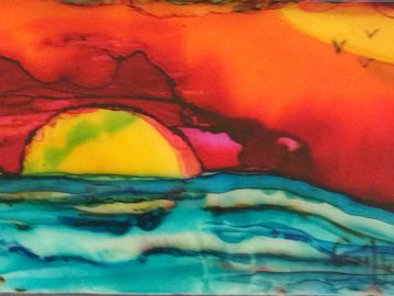 “Niagara“ Original Alcohol Ink Painting  on Ceramic.  3”x 6” Includes Stand