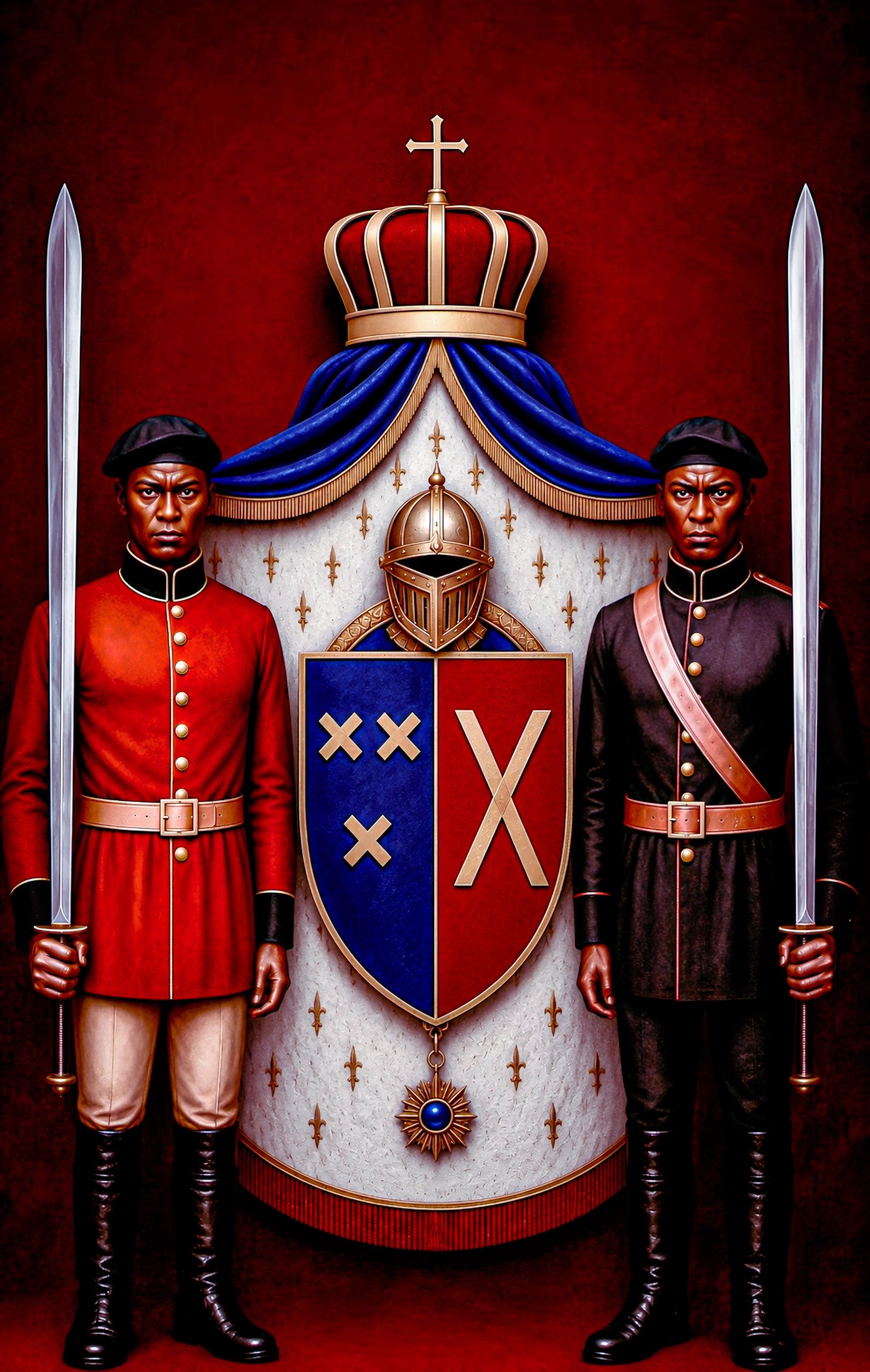 Two royal guards stand solemnly with swords beside a regal crest and crown.