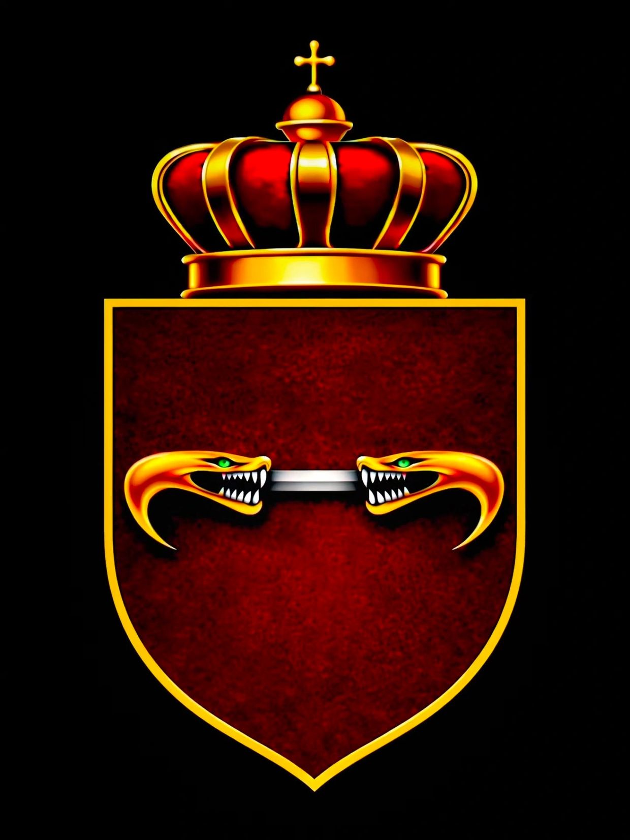 A royal crest with two fierce gold serpents facing each other beneath a golden crown.
