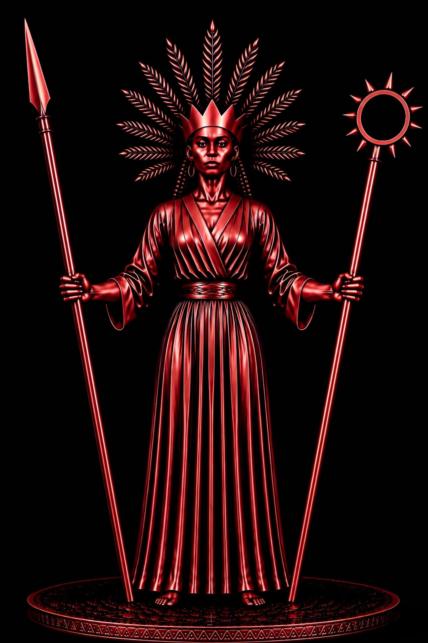 A regal figure in red holding a spear and a sun-staff, adorned with a crown and feathered headdress.
