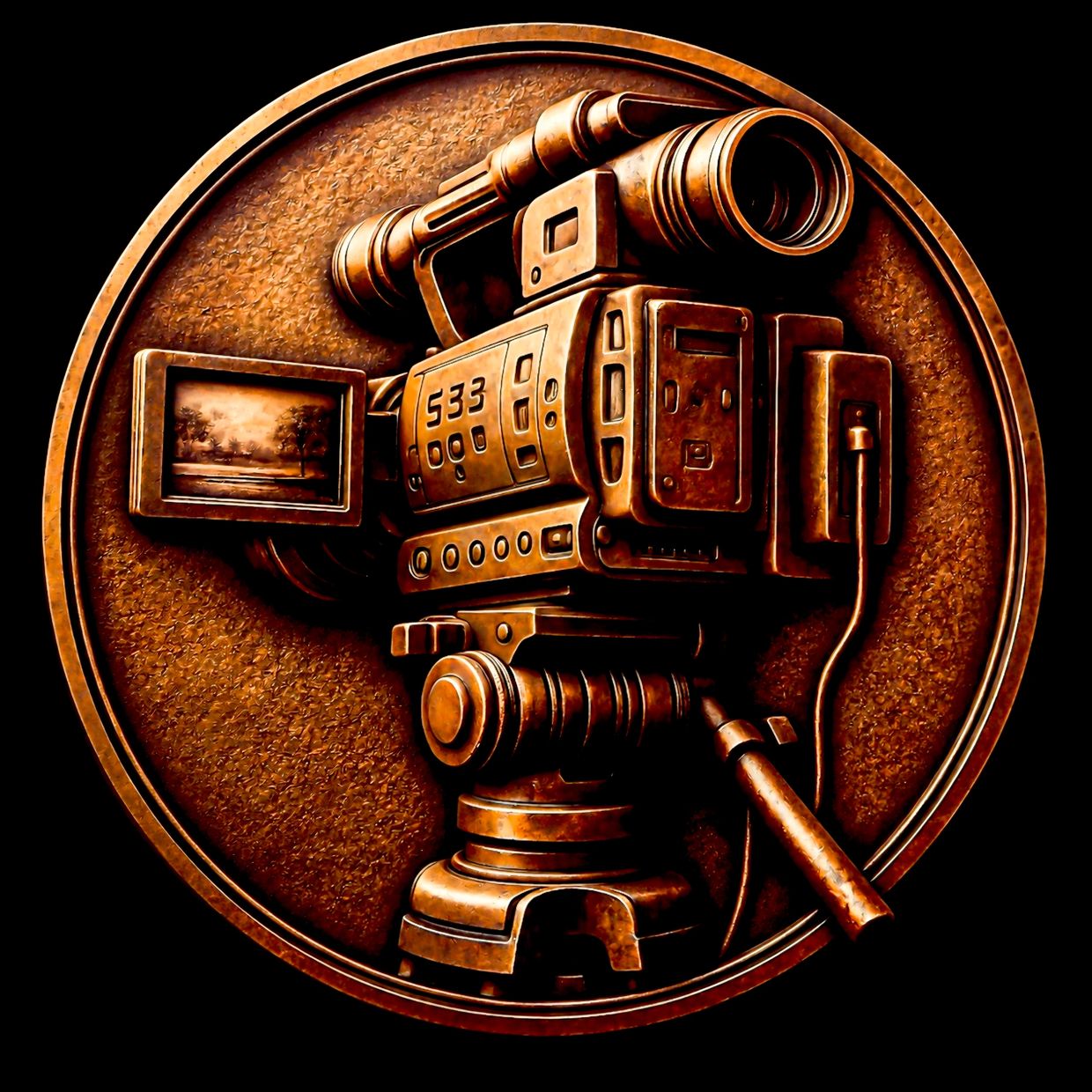 A detailed bronze relief sculpture of a vintage video camera on a circular base.
