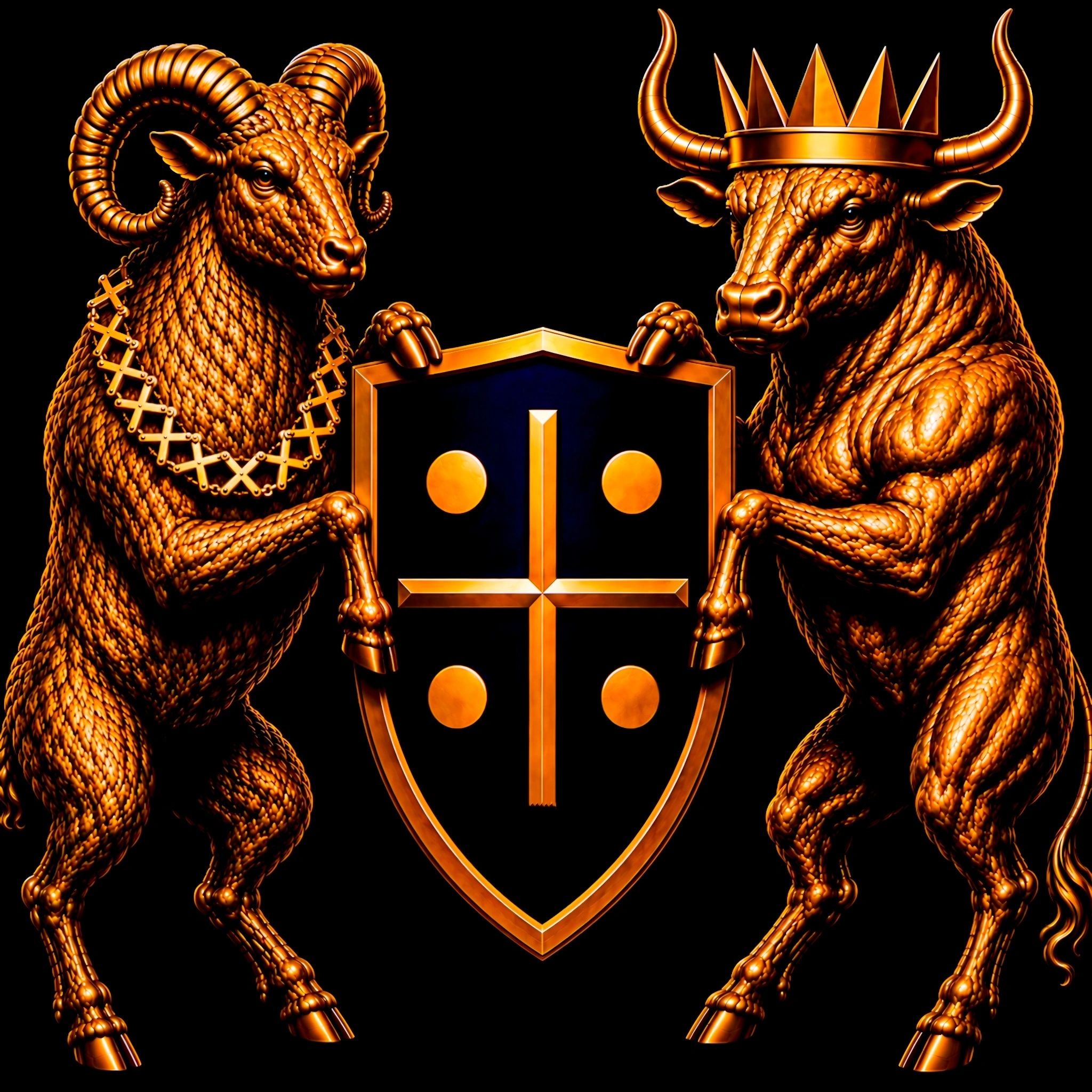 Golden ram and bull holding a shield with a black background.