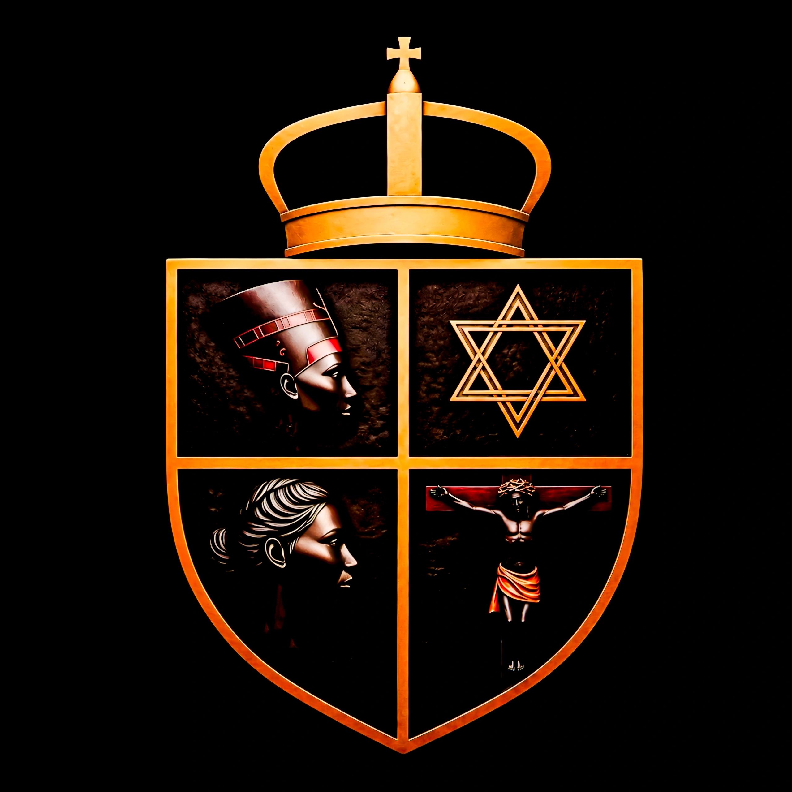 Golden shield with crown and religious symbols on black background.