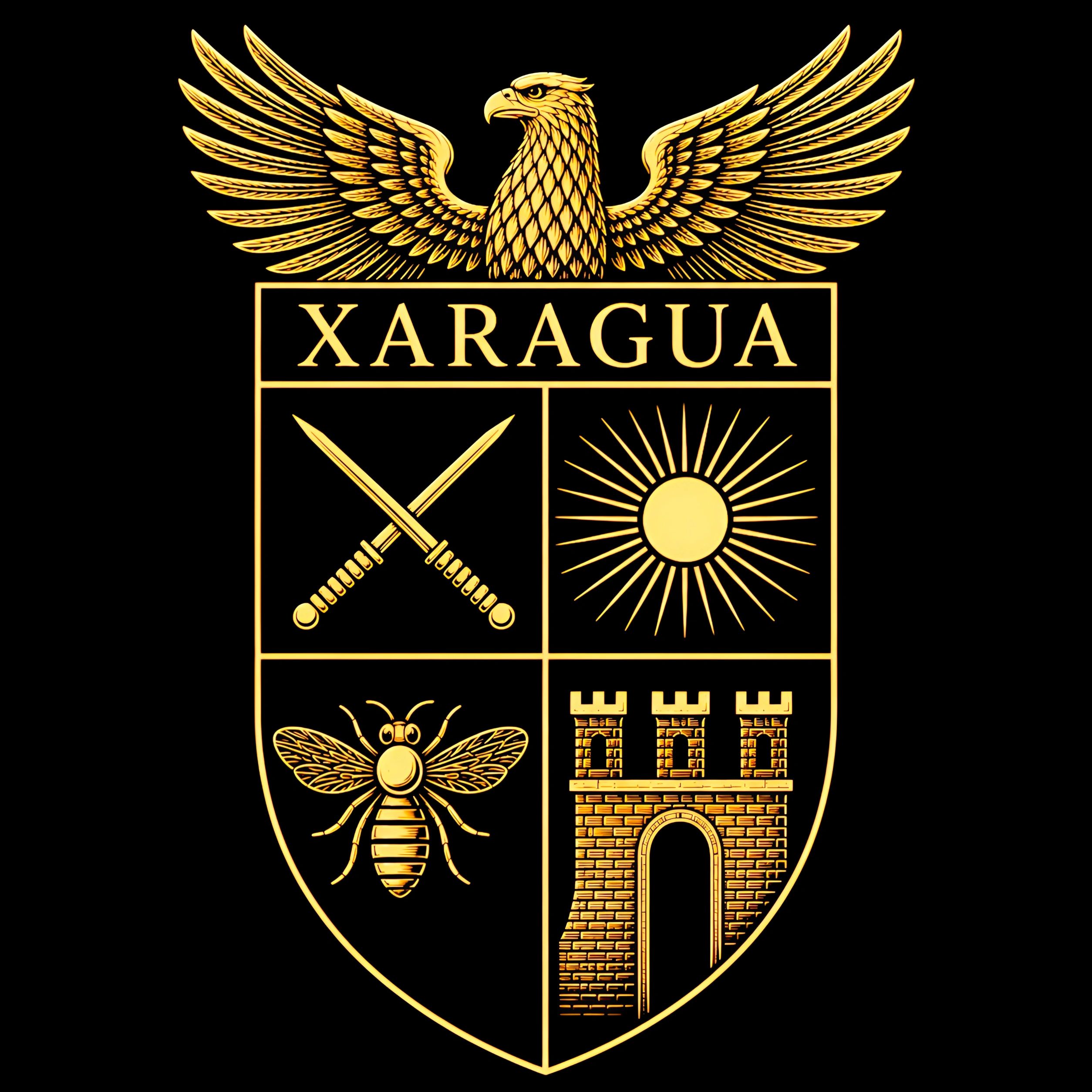 Golden emblem with eagle, swords, sun, bee, and castle design