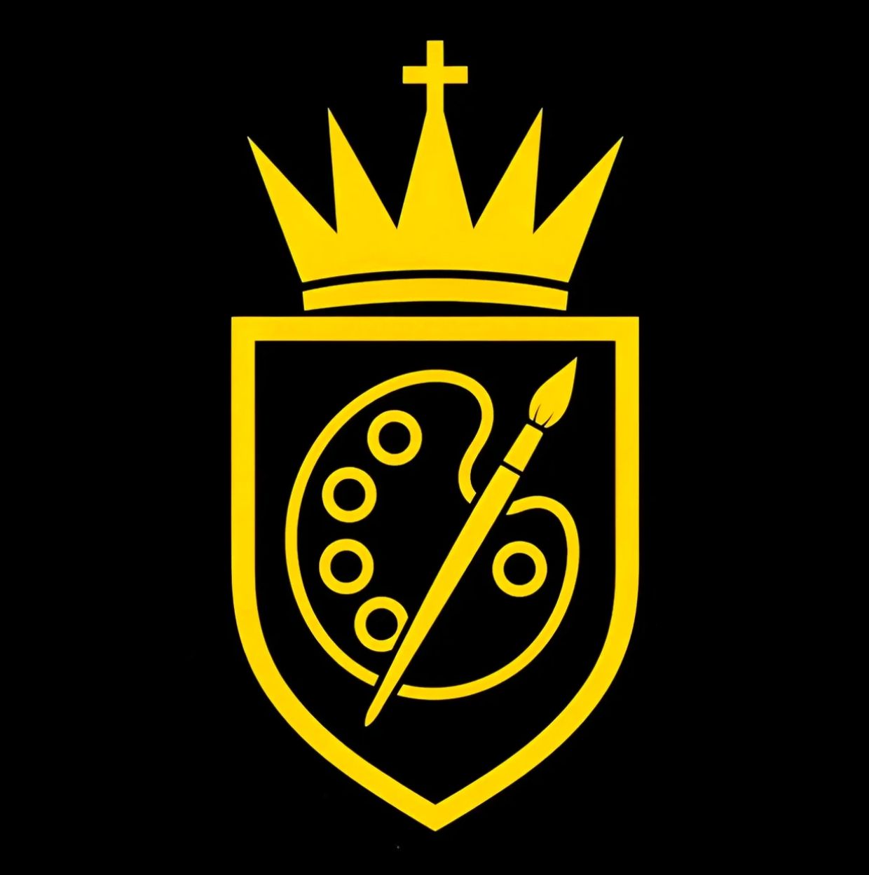 Yellow artist's palette and brush emblem with a crown on black.