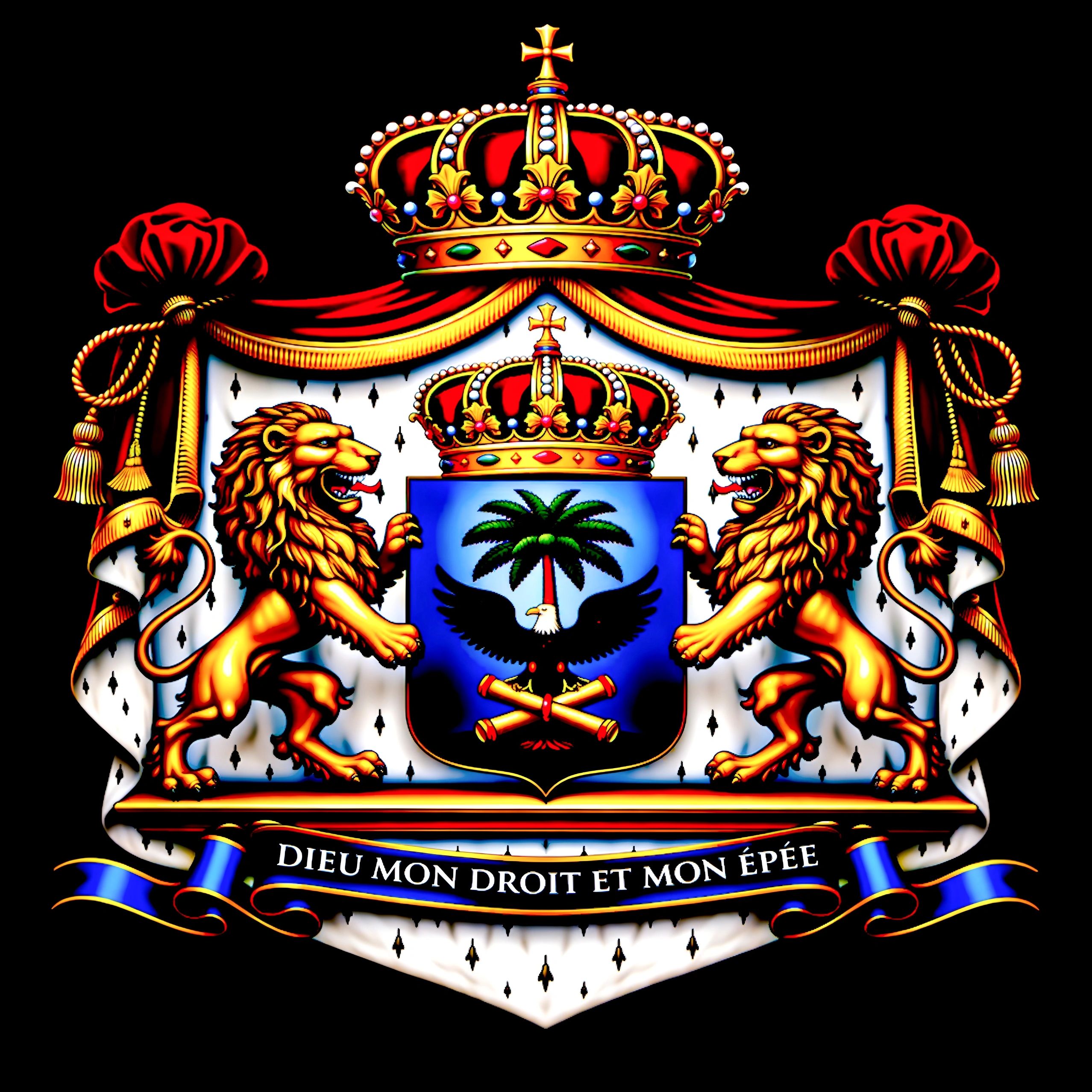 Royal coat of arms with lions, crown, and a blue banner with French text.
