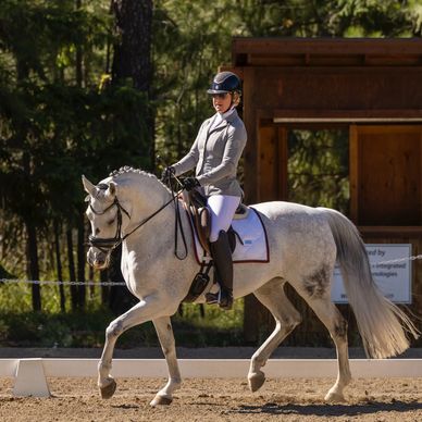 Equestrian rider performing dressage on a white horse in an outdoor arena.