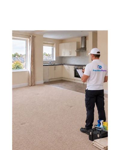 Professional in Precision Home uniform inspects carpet in a modern kitchen-living area.