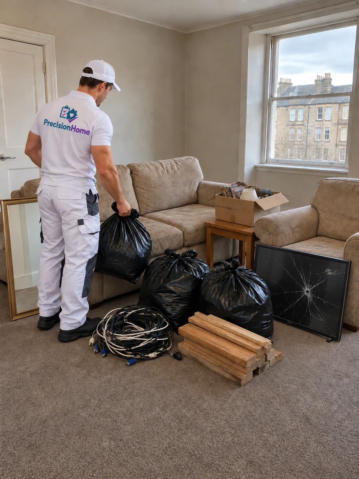 Man in PrecisionHome uniform cleaning room with garbage bags and broken items.