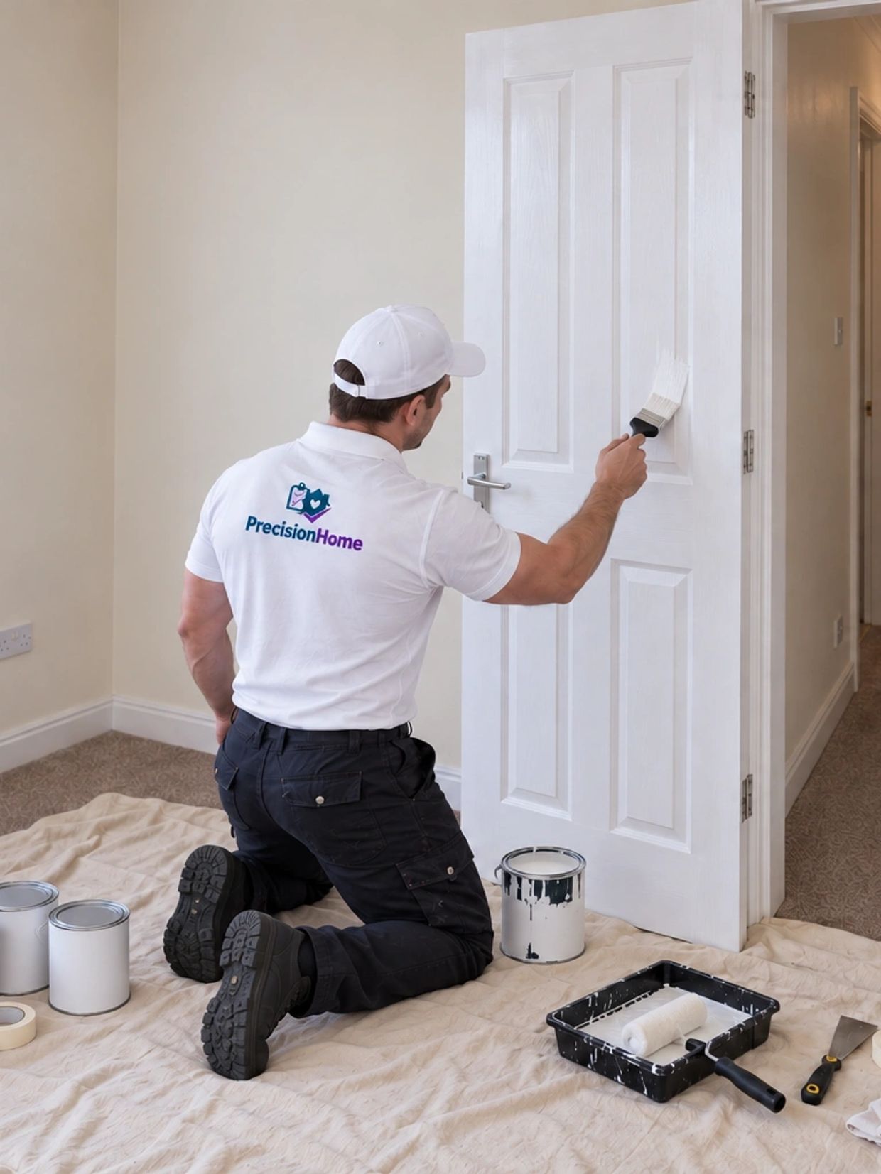 Painter applying white paint to a door.
