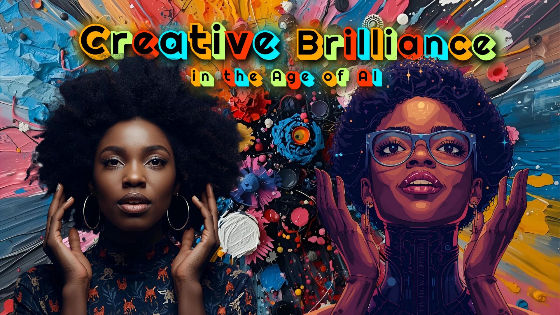 Creative brilliance in the age of AI with vibrant art and portraits.