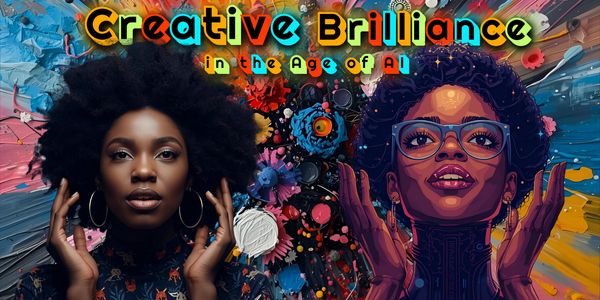 Two portraits of a woman symbolizing creativity and AI.