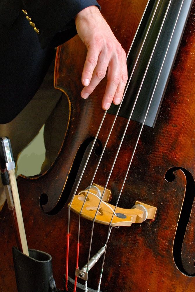 Close-up of hand playing a double bass with bow resting.