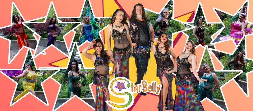 Collage of belly dancers in colorful outfits with 'StarBelly' text.