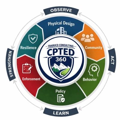 CPTED 360 model highlighting key safety elements and continuous improvement cycle.