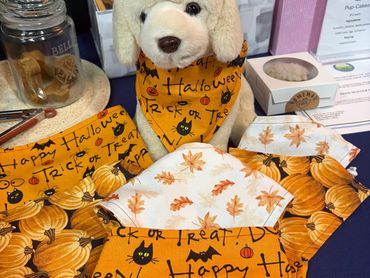 Dog with Halloween-themed bandanas and cloths.