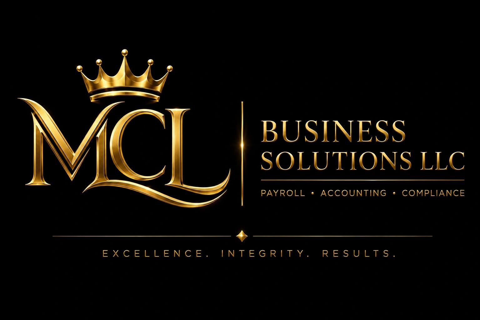 Golden logo of MCL Business Solutions LLC with a crown on black background.