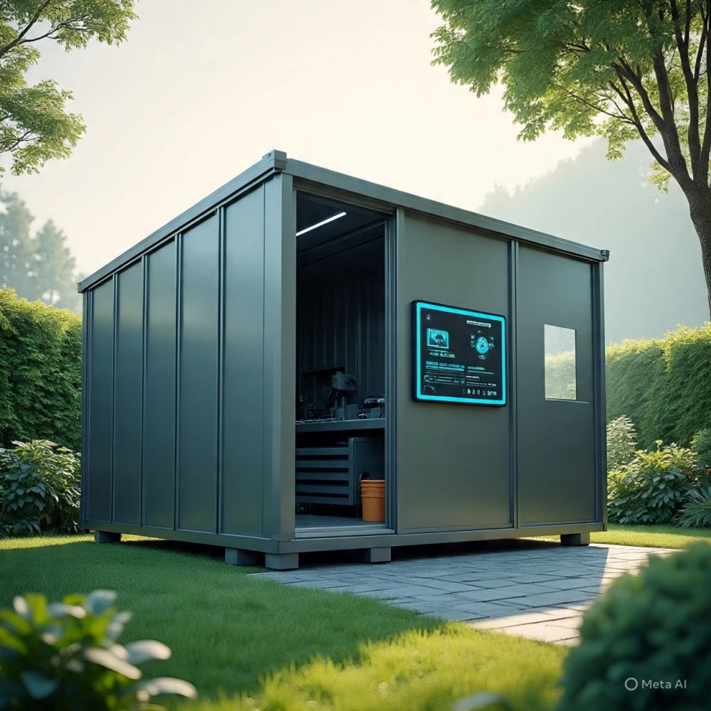 Modern metal shed with digital display in green garden.