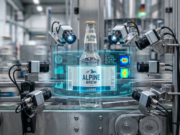 Automated inspection of Alpine Brew lager bottle with advanced cameras and digital interface.