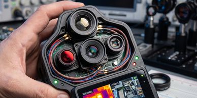 Hand holding a complex multi-sensor camera device with various lenses and thermal imaging display.