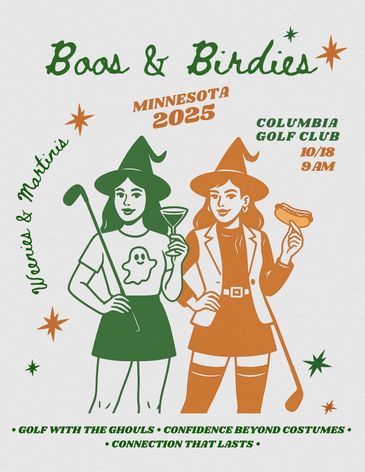 Boos & Birdies Halloween golf event in Minnesota, 2025, with drinks and costumes.