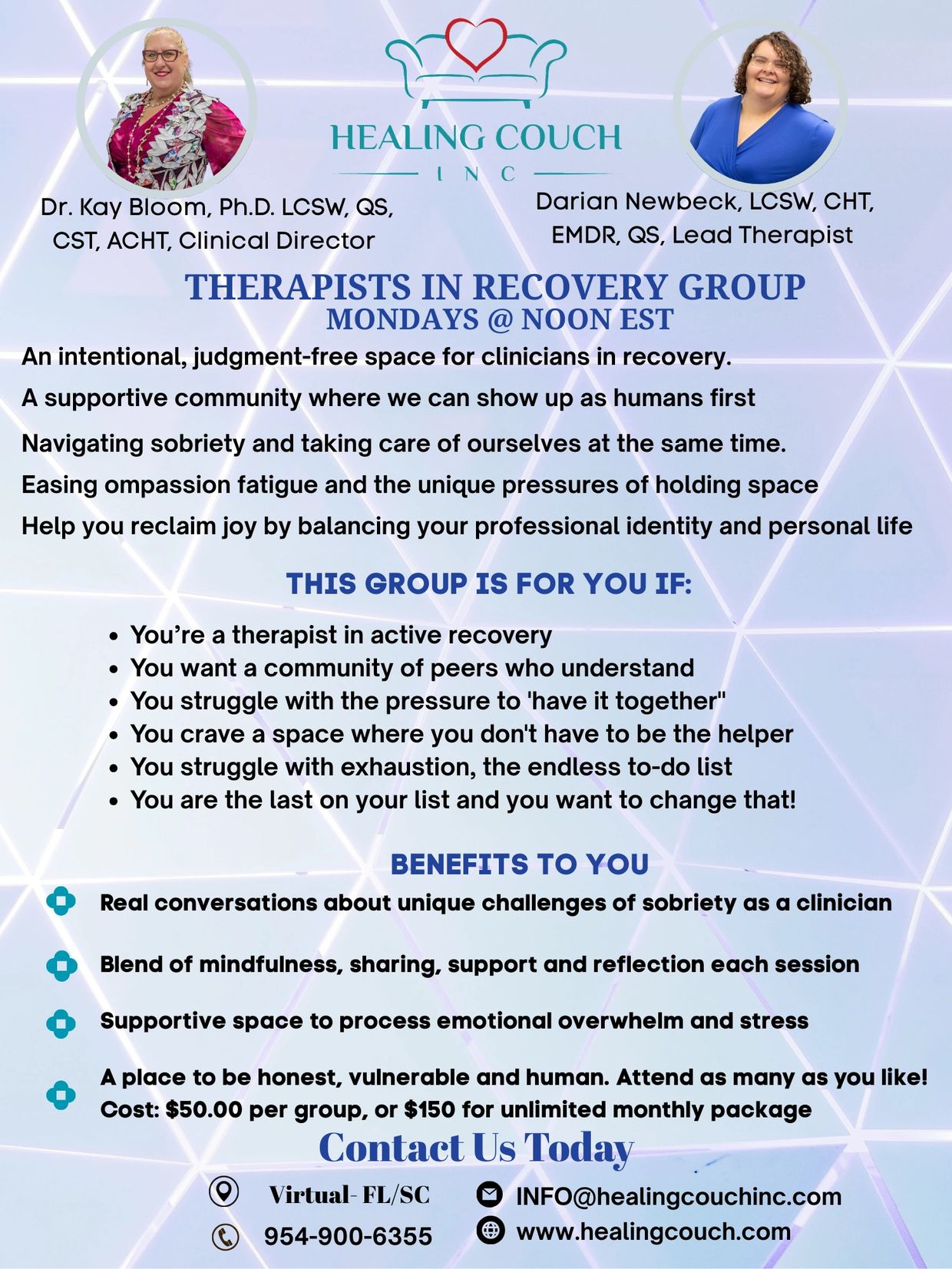 Group for Therapists In Recovery Florida and South Carolina Mondays at noon EST