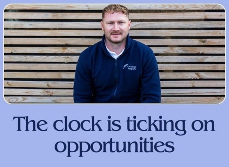 Man in blue jacket with motivational quote about opportunities.