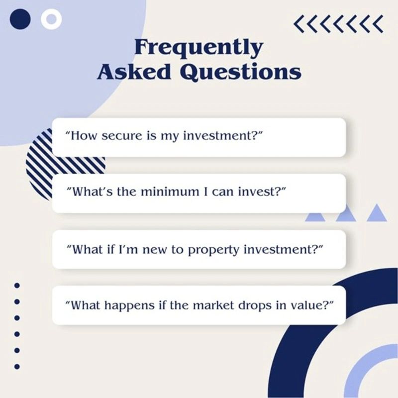 FAQ about investment security, minimum amount, property investment, and market risks.