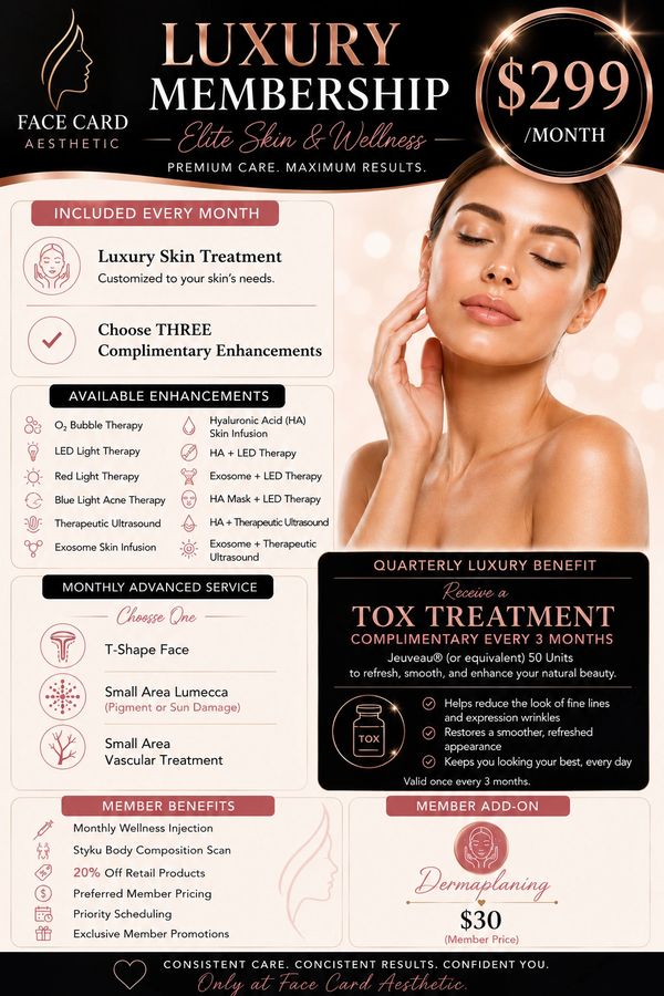 Luxury skin and wellness membership for $299/month with multiple enhancements and benefits.