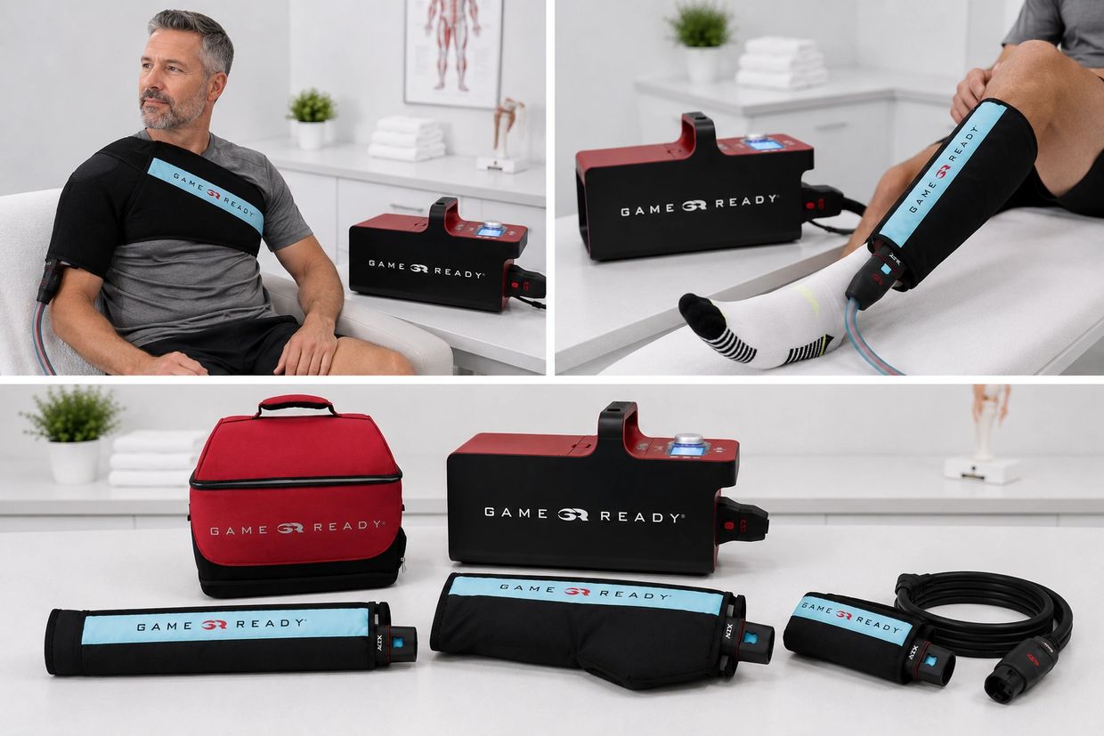 Game Ready cold and compression therapy system with various wraps.