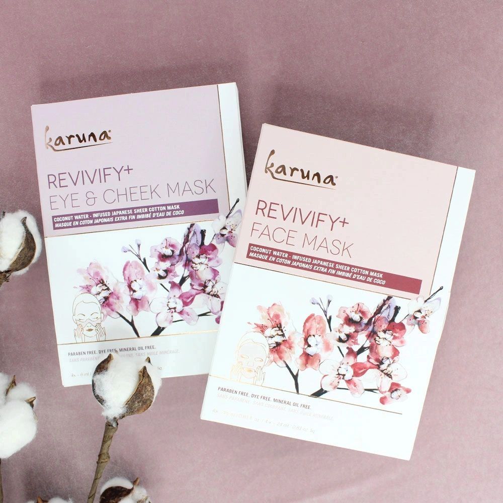 Karuna Revivify+ face and eye masks with floral design on pastel background.