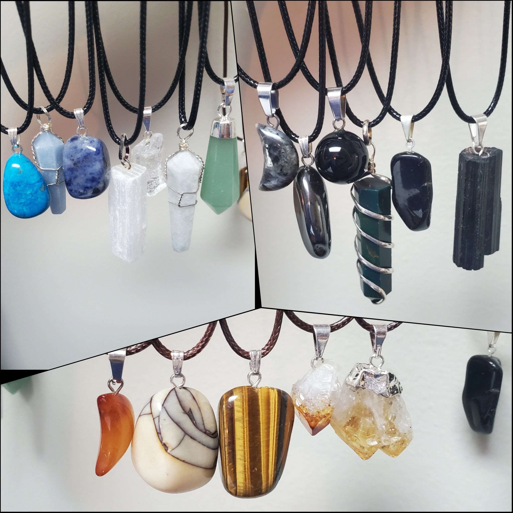 Premium quality crystal pendant necklaces with black or brown cords.