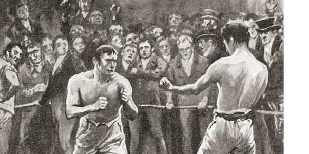 Vintage illustration of two bare-chested men boxing surrounded by a crowd indoors.