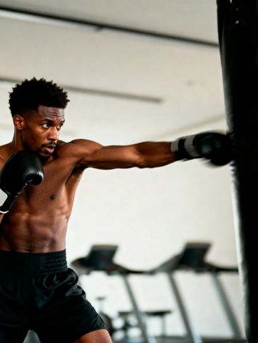 A focused man punches a boxing bag in a gym.